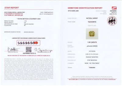 Certificate Yellowish-green grossular garnet in radiant cut 1.58 carats, Tanzania