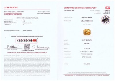 Certificate Yellow-brown zircon in radiant cut 10.77 carats, Sri Lanka