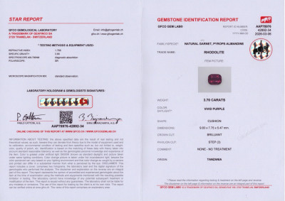 Certificate Garnet rhodolite cushion cut 3.70 carats, Tanzania