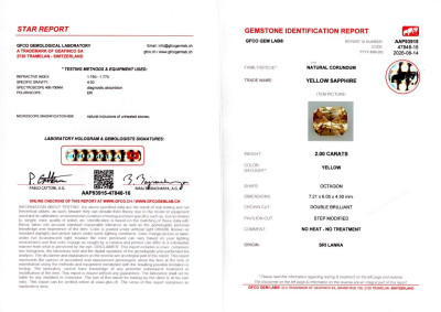 Certificate Unheated yellow sapphire radiant cut 2.00 carats, Sri Lanka