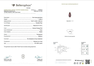 Certificate Spinel with perfect proportions cut pear 1.21 carats, Vietnam