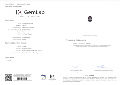 Certificate Steel Vietnamese spinel 2.41 ct