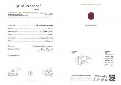 Certificate Vivid red cushion cut Burmese spinel 3.27 ct