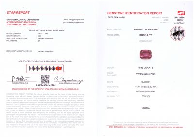 Certificate Intense pink cushion cut rubellite 5.03 carats, Nigeria