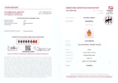 Certificate Yellow-orange pear-cut hessonite garnet 4.44 carats, Tanzania