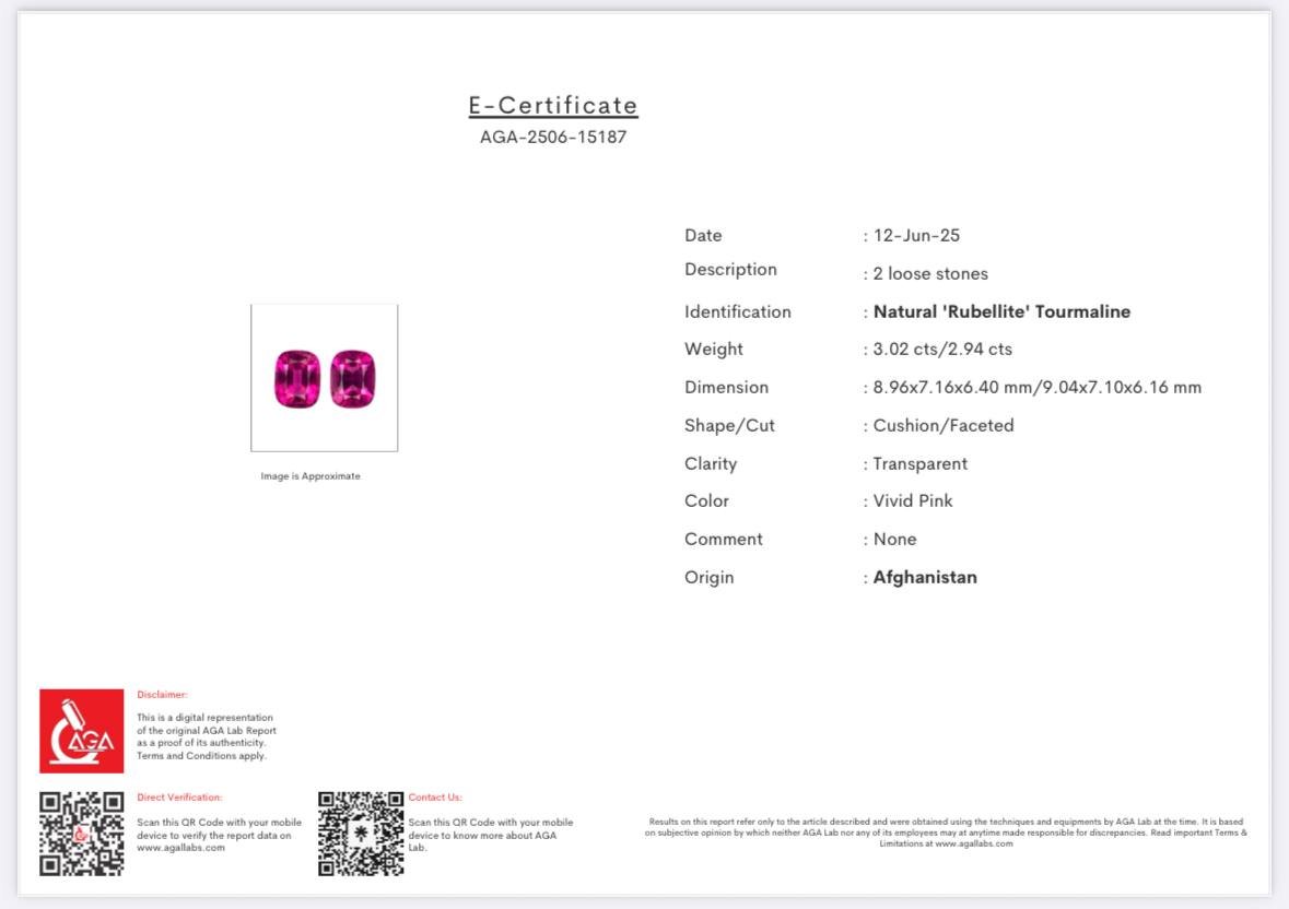 Pair of tourmalines rubellite Vivid Pink cushion cut 5.96 carats, Afghanistan Image №5