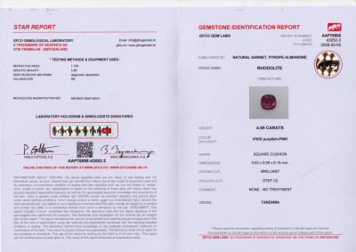 Certificate Garnet rhodolite cushion cut 4.55 carats,Tanzania
