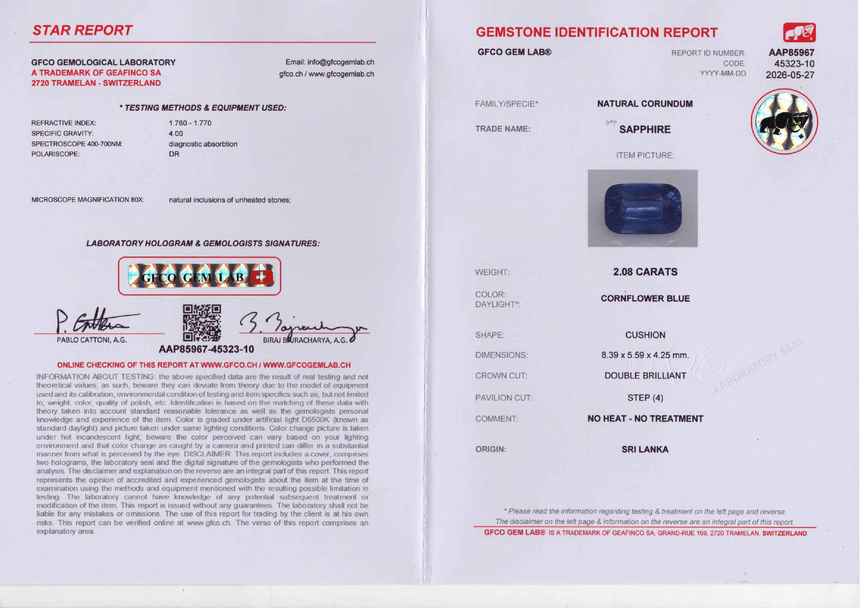 Unheated Cornflower Blue sapphire cushion cut  2.08 carats, Sri Lanka Image №6