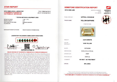 Certificate Unheated sapphire Vivid Yellow octagon cut  2.24 carats, Sri Lanka