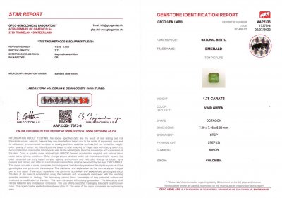 Certificate Colombian emerald 1.78 ct octagon cut, Vivid green
