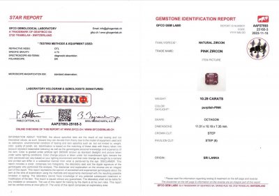 Certificate Intense red hyacinth zircon in octagon cut 10.29 ct