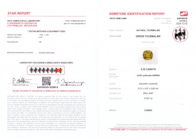 Certificate Greenish-yellow tourmaline in cushion cut 5.32 carats, Africa