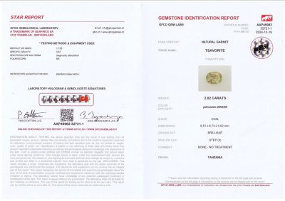 Certificate Yellowish Green oval cut grossular garnet 2.02 carats, Tanzania