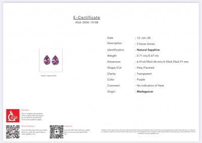Certificate Pair of unheated purple sapphires pear cut 1.38 carats, Madagascar 