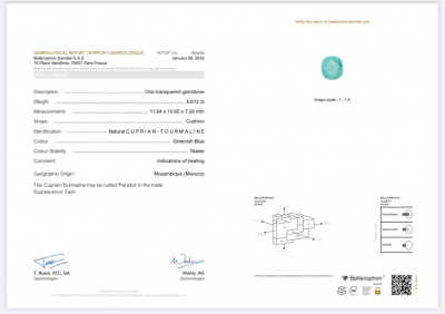 Certificate Paraiba greenish blue cushion cut 6.61 carats, Mozambique