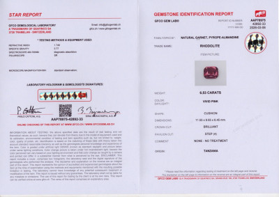 Certificate Garnet rhodolite Vivid Pink cushion cut 6.53 carats,Tanzania