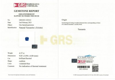 Certificate Unheated cushion cut tanzanite, 4.37 ct, GRS