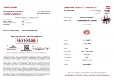 Certificate Unheated Padparadscha sapphire in oval cut  0.93 ct, Madagascar