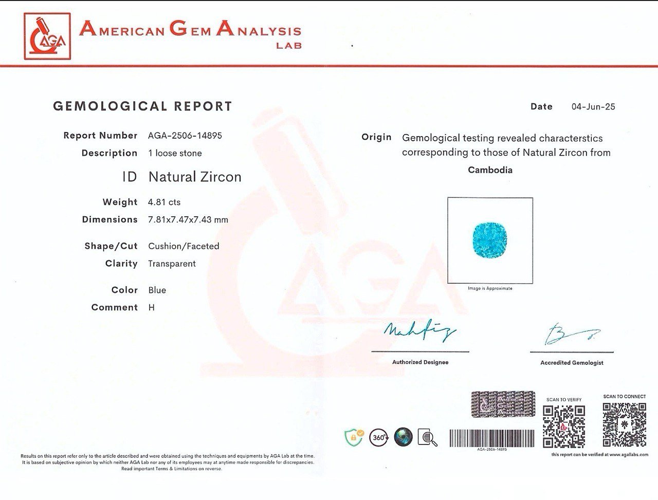 Cushion-cut blue zircon 4.81 carats, Cambodia Image №6