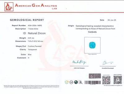 Certificate Cushion-cut blue zircon 4.81 carats, Cambodia