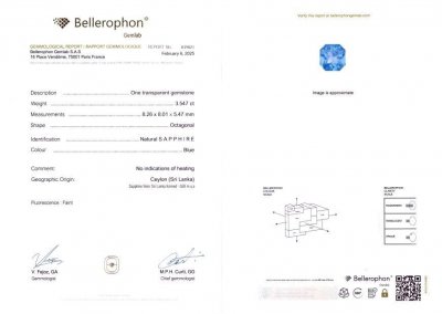 Certificate Unheated blue sapphire  radiant cut 3.54 carats, Sri Lanka