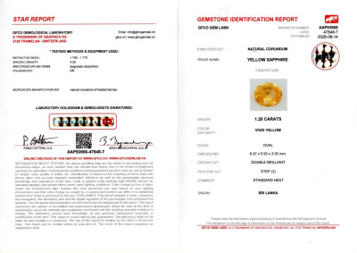 Certificate Sapphire Vivid Yellow oval cut 1.20 carats, Sri Lanka