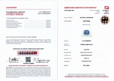 Certificate Cornflower Cushion Sapphire 4.13 ct, Sri Lanka