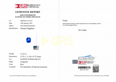 Certificate Unheated cornflower blue octagon sapphire 12.22 ct, Sri Lanka, GRS