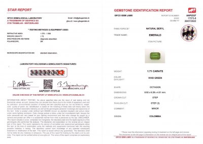 Certificate Colombian emerald Vivid Green, 1.71 ct