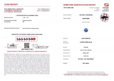Certificate Unheated Cornflower blue round cut sapphire 0.45 ct, Sri Lanka