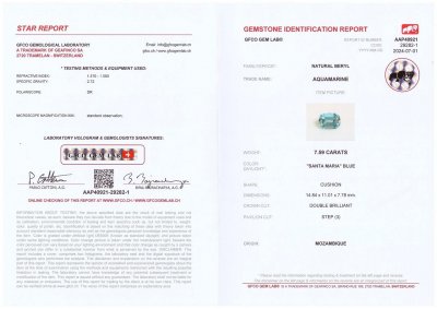 Certificate Rich aquamarine "Santa Maria" color, cushion cut 7.59 carats, Africa