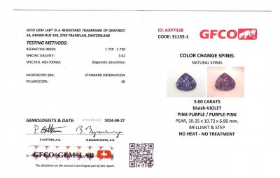 Certificate Rare color change spinel in pear shape 5.00 carats