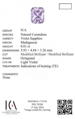 Certificate Violet radiant cut sapphire 0.81 carats, Madagascar