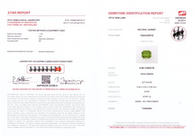 Certificate Vivid green tsavorite garnet in octagon cut 0.60 carats, Tanzania 