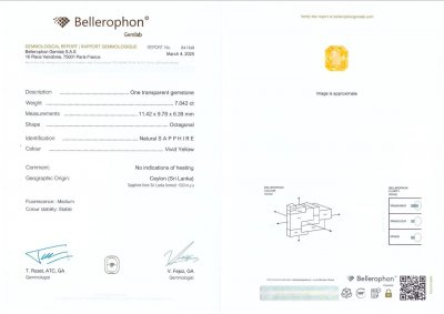 Certificate Unheated Vivid Yellow sapphire in radiant cut 7.04 carats, Sri Lanka