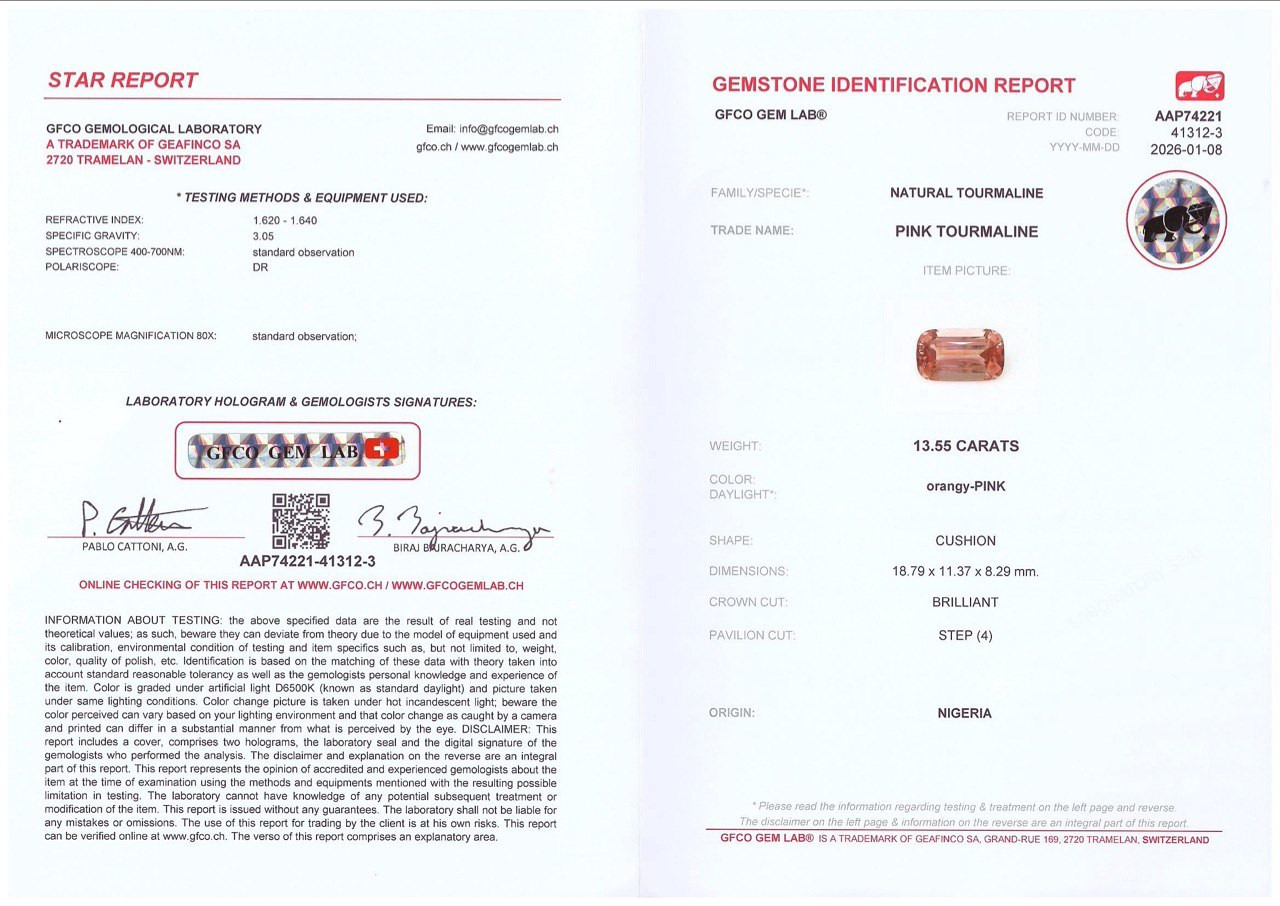 Tourmaline orange pink cushion cut 13.55 carats, Nigeria Image №6
