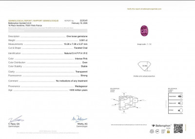 Certificate Unheated Intense Pink sapphire in oval cut 3.59 carats, Madagascar
