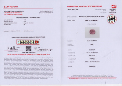 Certificate Garnet Malaya cushion cut 2.33 carats, Tanzania 