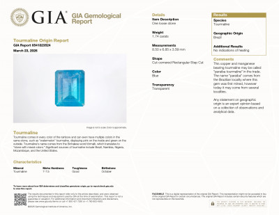 Certificate Unheated tourmaline Paraiba octagon cut 1.74 carats, Brazil 