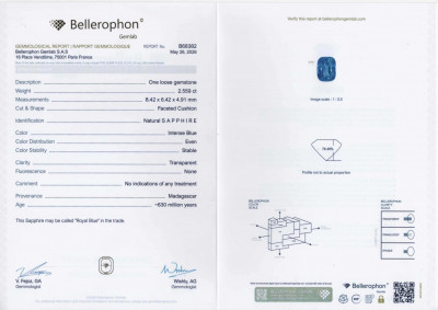 Certificate Unheated sapphire Royal Blue cushion cut  2.56 carats, Madagascar