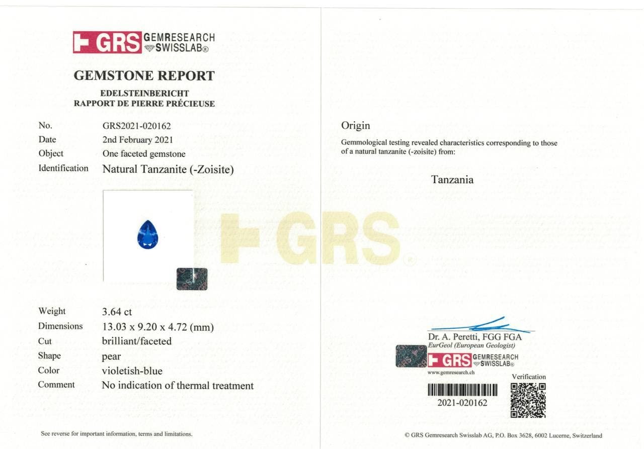 Rich unheated tanzanite, pear cut, 3.64 ct, GRS Image №5