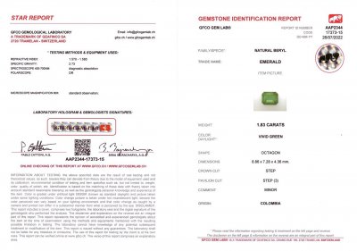 Certificate Vivid Green emerald octagon shape 1.83 ct, Colombia