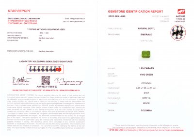 Certificate Vivid Green emerald 1.69 ct, Colombia