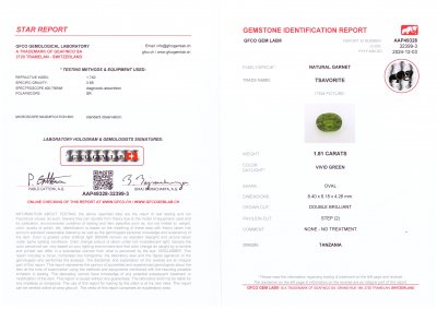 Certificate Vivid green tsavorite garnet in oval cut 1.81 carats, Tanzania 