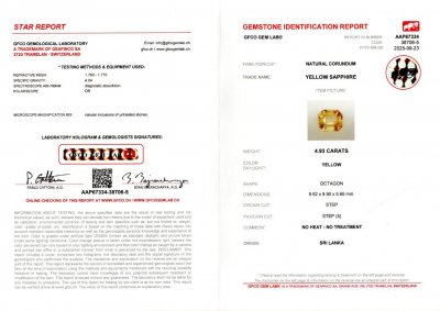 Certificate Unheated yellow sapphire octagon cut 4.93 carats, Sri Lanka