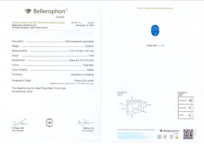 Certificate Sapphire Royal Blue in oval cut 6.04 carats, Sri Lanka 