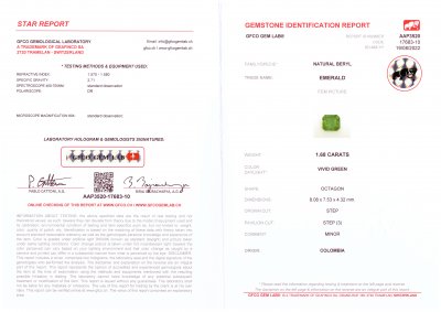 Certificate Colombian Vivid Green emerald 1.68 ct