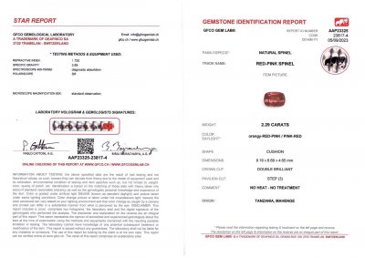 Certificate Red Spinel Mahenge in cushion cut  2.29 ct