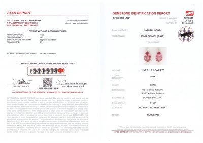 Certificate Pair of pink spinels from Tajikistan in pear cut 3.68 carats