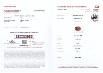 Certificate Rare natural pink zircon in oval cut 9.16 carats, Sri Lanka